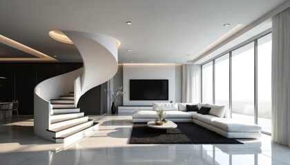 Fototapeta premium Modern luxury living room with spiral staircase, white sofa, and large windows. Minimalist interior design with sleek furniture, tv, and decor. Bright and spacious interior with copy space.