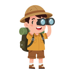 Cartoon boy explorer looking through binoculars on an adventure.