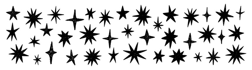 Black grunge star icons set, artistic hand drawn textured vector illustration on transparent background