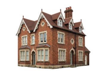 Isolated red brick residential house exterior with gabled roof and dormer windows, England