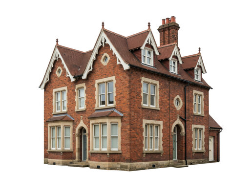 Isolated red brick residential house exterior with gabled roof and dormer windows, England