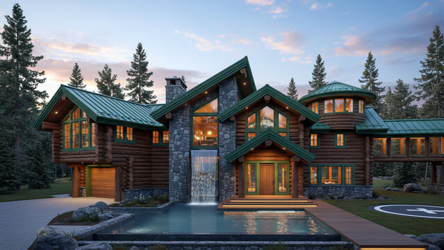 Luxurious log cabin with green roof, stone facade, and waterfall into a pond, surrounded by forest, featuring large windows, wooden deck, and helipad at twilight