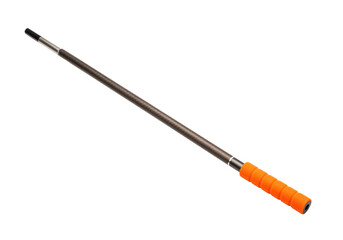 Isolated fishing rod for angling hobby and outdoor recreation with orange handle grip tool
