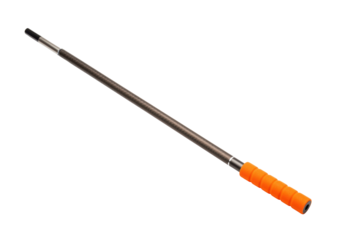 Isolated fishing rod for angling hobby and outdoor recreation with orange handle grip tool