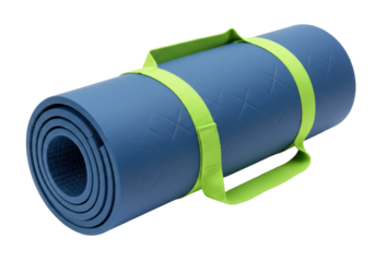 Isolated rolled blue yoga mat with neon green strap for pilates exercise at the gym or home