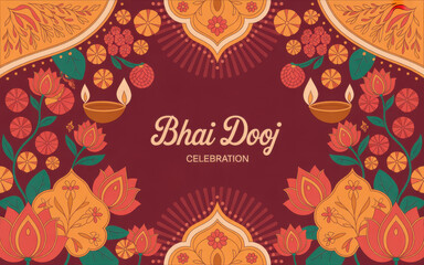 Bhai Dooj Celebration Card with Floral Design and Traditional Elements for Festival