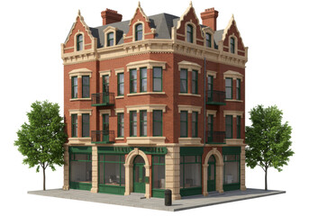 Isolated Three-Story Brick Hotel Building with Architectural Details, Balconies, and Landscaping