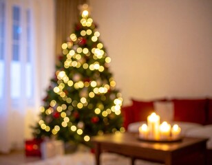 Elegant Christmas Tree Standing Beside the Fireplace in Living Room