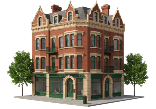 Isolated Three-Story Brick Hotel Building with Architectural Details, Balconies, and Landscaping