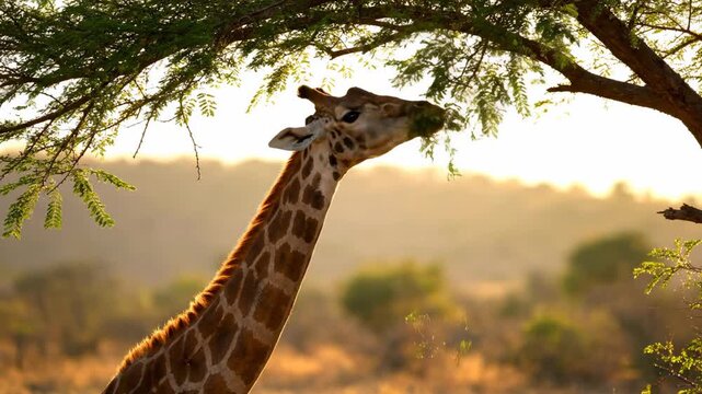 Giraffe stretches neck to eat leaves from tree branches. Warm golden sunset creates serene atmosphere with natural landscape. Concept of wildlife, nature conservation, safari experiences