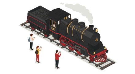 Obraz premium Isometric steam locomotive with tourists taking photos on train tracks