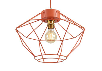 Isolated orange color pendant lamp with open cage design and glowing Edison bulb, studio shot