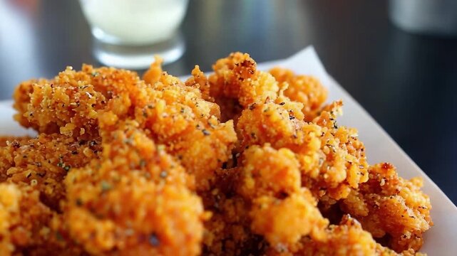 Crispy fried chicken nuggets, bite-sized breaded chicken pieces.