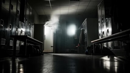 Eerie Locker Room: Smoke, Light, and Mystery in a Dark, Empty Space