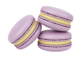 Isolated stack of sweet light-purple macarons with yellow cream filling, delicious desserts