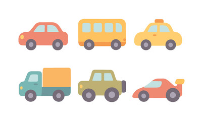 Colorful collection of cute cartoon vehicles in flat design for kids