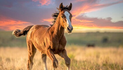 A young chestnut foal runs joyfully across a field at sunset