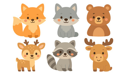 Obraz premium Cute cartoon forest animals collection: fox, wolf, bear, deer, raccoon, moose