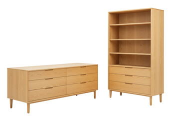 Isolated natural wood mid-century modern bedroom set of dresser and bookcase on neutral background