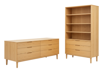 Isolated natural wood mid-century modern bedroom set of dresser and bookcase on neutral background