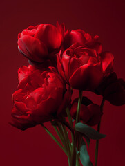 Close-up of vibrant red tulips with detailed petals on a red background