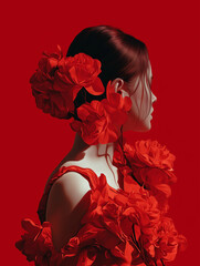 Side profile of woman wearing red floral dress and flowers in her hair against red background