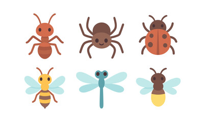 Fototapeta premium Colorful cartoon insects collection with ant, spider, ladybug, bee, dragonfly, and firefly