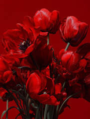 Close-up of vibrant red tulips with detailed petals on a red background
