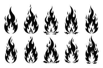 Collection of ten black stylized flame icons on a white background fire symbol