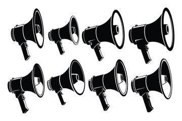 Eight black silhouette megaphones in a grid pattern on a white background bullhorn announcement
