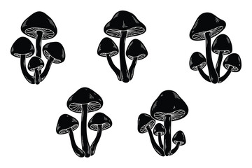 Five black silhouette mushroom clusters with white gills and stems on white background fungi