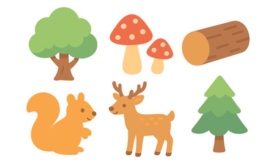 Fototapeta premium Cute forest animals and elements in flat cartoon style featuring squirrel, deer, mushrooms, and trees