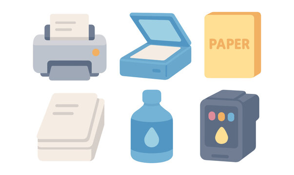Office equipment icons: printer, scanner, paper, ink in modern cartoon style