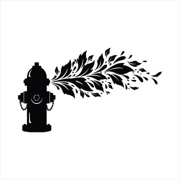 Creative silhouette of a fire hydrant sprays a burst of organic leafy elements