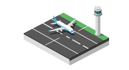 Isometric airplane on runway with control tower