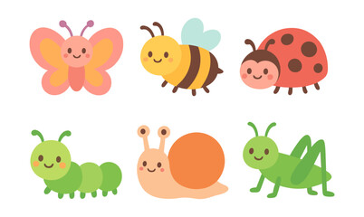 Obraz premium Cute cartoon insects collection with smiling faces and bright colors