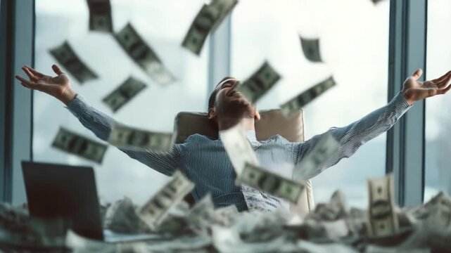 Financial Freedom: A person celebrates a moment of financial success with a dramatic display of falling cash, a symbol of wealth, prosperity, and achievement.