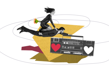 Composite trend artwork 3D sketch image photo collage of valentine day love date young man lady stand together emoji grimace kiss flirty