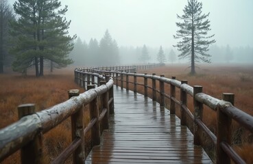 Wooden boardwalk winds through misty swamp landscape. Conifers stand beside peat bog path. Rain reflects on wooden structure creating atmospheric scene. Tranquil nature setting evokes peaceful