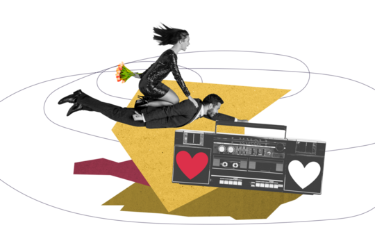 Composite trend artwork 3D sketch image photo collage of valentine day love date young man lady stand together emoji grimace kiss flirty