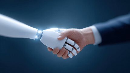 Human and robot handshake in futuristic business partnership. An agreement showing collaboration and trust in technology and artificial intelligence for successful future