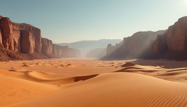 Sahara desert landscape with sand dunes and red rock formations. Orange sand stretches towards distant mountains under blue sky with sun rays. Desert scene with rocky cliffs and sandy terrain.
