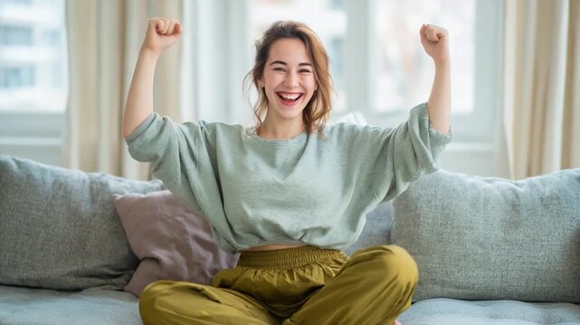 Triumphant Spirit: A joyful woman radiates with boundless energy, celebrating personal victories on a comfortable sofa in a warm, inviting room, brimming with optimism and contentment.