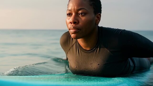 Determined young woman surfer paddles on ocean surface at sunrise, wearing wetsuit and preparing to catch an early morning wave
