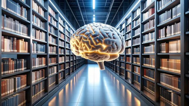 Floating brain amidst endless bookshelves, symbolizing knowledge acquisition and intellectual capacity in library setting.