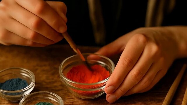 Artist carefully dipping brush into red pigment powder surrounded by colorful bowls on wooden table, preparing for creative painting