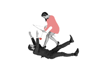 Trend artwork composite 3D photo collage design of young man wear suit fall down woman cupid hold bow throw arrow heart valentine day date