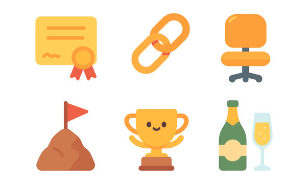 Business and achievement icons set featuring certificate, trophy, and office elements