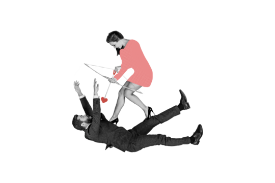 Trend artwork composite 3D photo collage design of young man wear suit fall down woman cupid hold bow throw arrow heart valentine day date