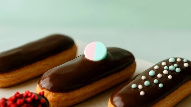 Hand decorating chocolate eclairs with pastel candy, modern dessert arrangement with sprinkles and vibrant toppings on pastry